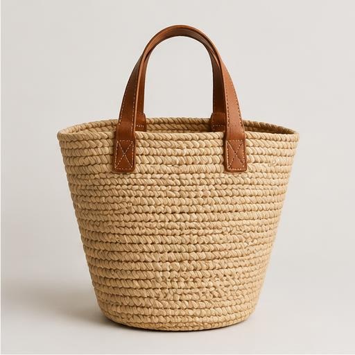 Woven raffia tote with leather handles