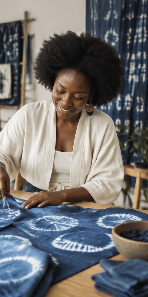 Textile maker working on patterned indigo fabric