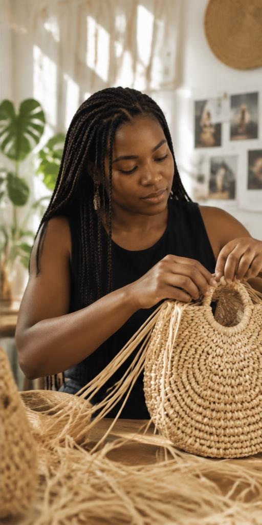 Basket maker weaving natural fibres by hand